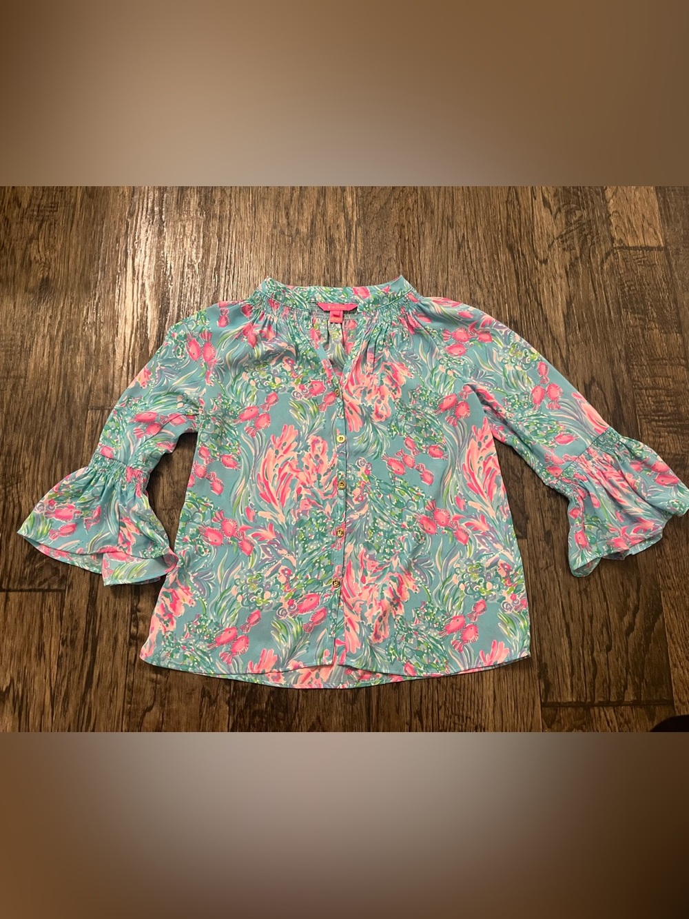 Lilly Pulitzer Aqua Floral Button-Front Ruffle Sleeve Blouse